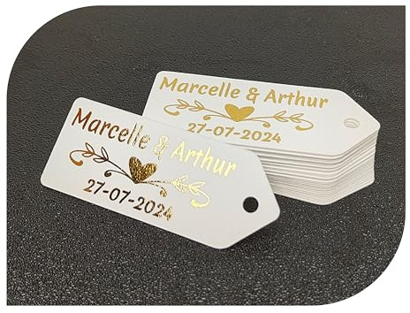 CrisPhy Personalisierbare Etiketten mit Namen und Datum, Gold, Silber, 50 Stück, Hängeetikett, Hochzeit, Taufe, Verlobung, Kommunion, Geburtstag, Party, Andenken