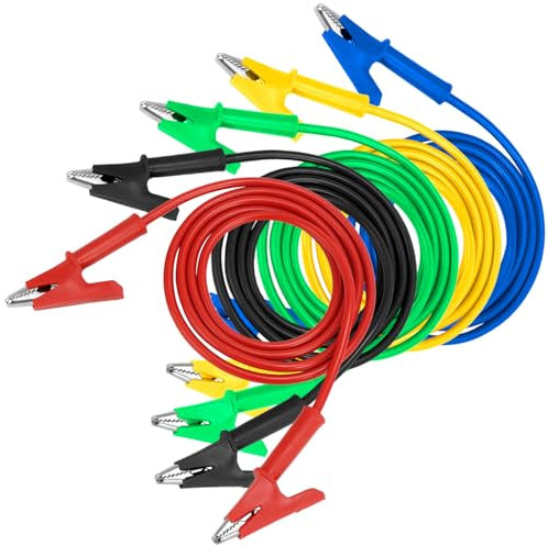 QWORK® 5 Pièces cordons de test à pince crocodile, cordons de test multimètre, 1 m, 1000V 15A pour circuits et tests de diagnostic, 5 couleurs