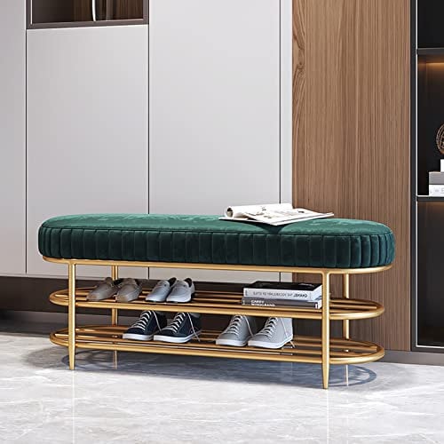MNIHSFRTY Modernes, mit Samt gepolstertes, goldenes Schuhregal, Aufbewahrungsbank, Schuhwechselhocker für Wohnzimmer, Schlafzimmer, Eingangsbereich, Flur, Grün, 60 x 32 x 45 cm