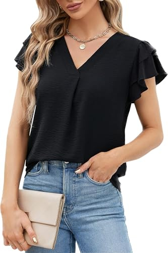 BUNSLOOM Damblus chiffong sommar kortärmad V-ringad puffärmar casual elegant arbetsblus topp kontor arbetskläder