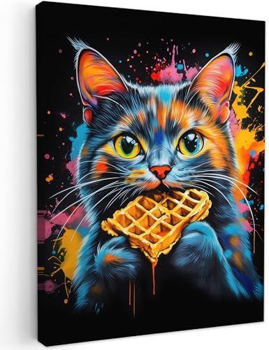 MuchoWow© Leinwand Deko Schlafzimmer Aesthetic Leinwandbilder Wohnzimmer | 60x80 cm - Gemälde Foto Geschenk Living Room Decoration Katze - Graffiti - Bunt - Waffel - Essen