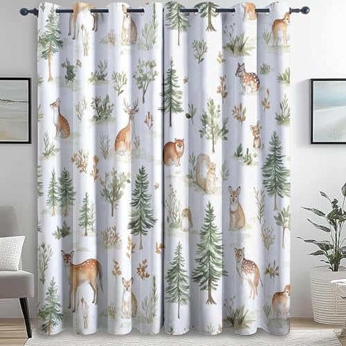 Wald Tier Winter Blickdichte Vorhänge H200 X B70 cm (2Er Pack) Grün Braun – Verdunkelungsvorhänge Mit Sonnenschutz – Für Kinderzimmer, Wohnzimmer & Balkon – Schiebevorhänge Geeignet