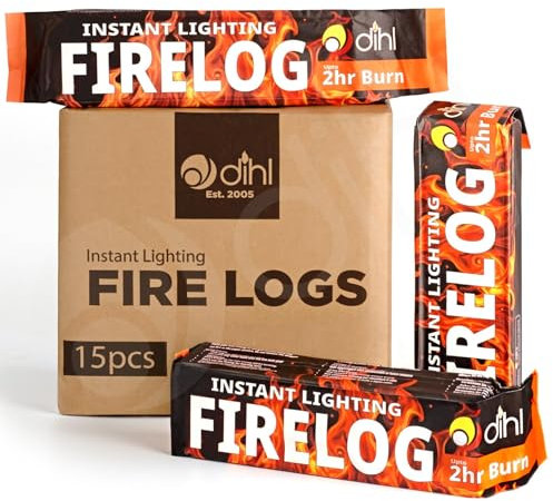 Dihl 15 x Smokeless Instant Lighting Fire Logs. 15 Individually Wrapped Firelighters for Garden Chimineas, Open Fire, Wood Burning Stoves. Environmentally Friendly FireLogs