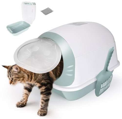 Katzenklo,Masthome Katzentoilette mit Deckel,Katzen Klo Geschlossen für Katzen Jeden Alters,Cat Litter Box, Katzentoiletten mit Kunststoffschaufel und Aktivkohlefilter,Blau+Weiß