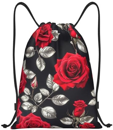 WYCZHY Borse rosse di Cinch dello zaino del cordone del giardino della rosa, borse del cordone per il partito della palestra, Nero , M