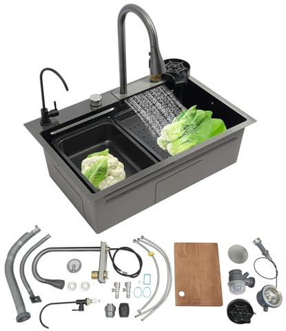 Küchenspüle, Spülbecken Multifunktions Wasserfall-Spüle mit armatur, 3 Wasserausgabemodi, Doppelter Schlitten, Edelstahl Spüle für Bars, Balkone