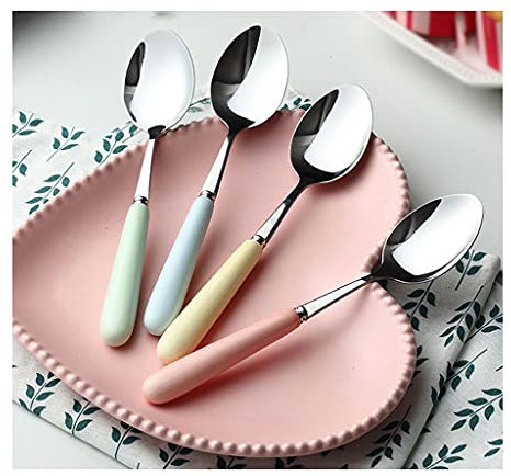 ADERFETBI Cutlery Teaspoons Four-piece Stainless Steel Spoon with Ceramic Handle Household Long-handled Dessert Ice Cream Spice Spoon 4 pieces Tea Spoons(M)