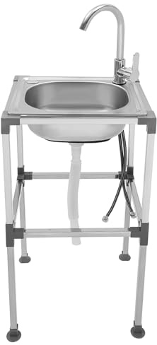 Freistehende Mobile Edelstahl Spültisch 1 Becken, 38x33x75cm Gewerbliche Spülbecken mit Wasserhahn, Kalt-/Warm-Anschluss, Mobiler Spültisch für Outdoorküche Restaurant