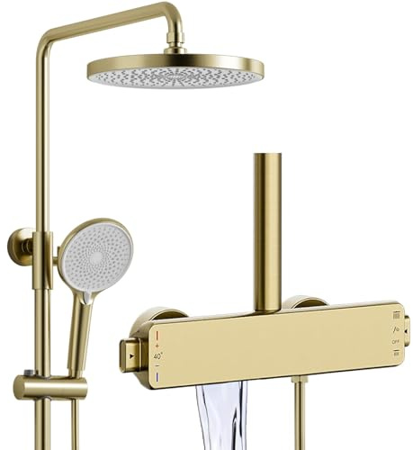 GLYYR Duschsystem Gold mit Thermostat, Messing Duscharmatur Komplettset 3 Funktional Höhenverstellbar Duschset Wandmontage Duschgarnitur mit 360° Verstellbarer Regendusche, 3 Modi Handbraus