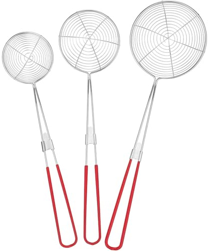 TOVINANNA 3pcs Stainless Steel Skimmer Ladle Set Small Red, Medium, Large Colander Ladles for Cooking, Pasta Strainer and Frying Spoon, Kitchen Utensils Handles for Draining