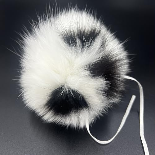 ELLIESKY Premium Echtfell Bommel XXL 14 cm - Weiß mit mit schwarzen Punkten - super flauschig - für Mützen, Taschen & DIY - handgefertigt