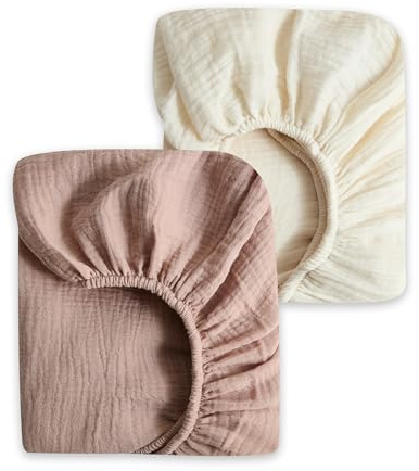 WONGS BEDDING 2er-Set Kinderwagen Spannbettlaken,Stubenwagen Matratzenschoner für Laufgitter,80x40cm Musselin-Baumwolle Baby-Bettlaken Spannbettlaken für Kinderwagen Beistellbett,Beige-Rosa