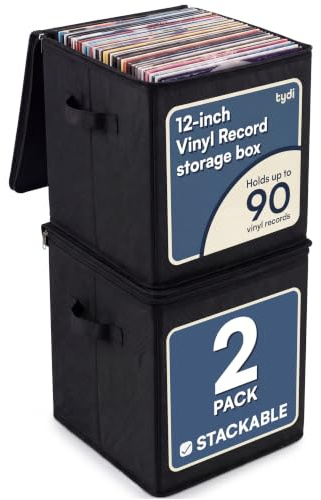 Tydi Vinyl Record Storage Box 2 Pack, Holds 90 x 12 Inch LPs | Zip Closure · Collapsible Crate · for Home Use
