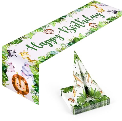 Waldtiere Tischläufer Geburtstag mit 20 Servietten Set,Kindergeburtstag Deko Waldtiere Geburtstag Deko Kindergeburtstag Tischdecke Happy Birthday Tischläufer für Geburtstagsdeko Mädchen Junge,180×35cm