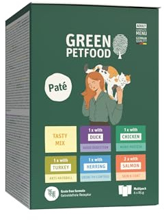 Green Petfood Paté Tasty Mix | 6 x 85g | Premium Katzenfutter nass | Getreidefreies Nassfutter im Frischebeutel für Katzen | 6 verschiedene Sorten im Multipack für Abwechslung im Napf