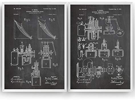 Diesel Combustion Engine Patent Poster Prints Art - Set Of 2 - Pages 1-2 - Engineer Gift Mechanic Merchandise Vintage Old Original Blueprint Collector Wall Decor - Frame Not Included