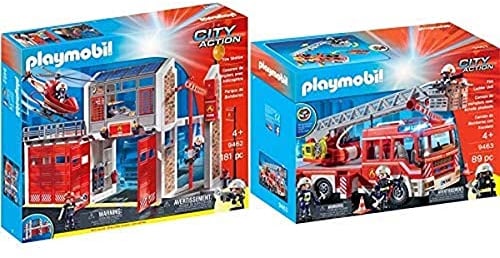 Playmobil - Caserne de Pompiers avec Hélicoptère - 9462, 58.5 x 50.01 x 9.3 cm, Coloré & Camion de Pompiers avec Échelle Pivotante - 9463