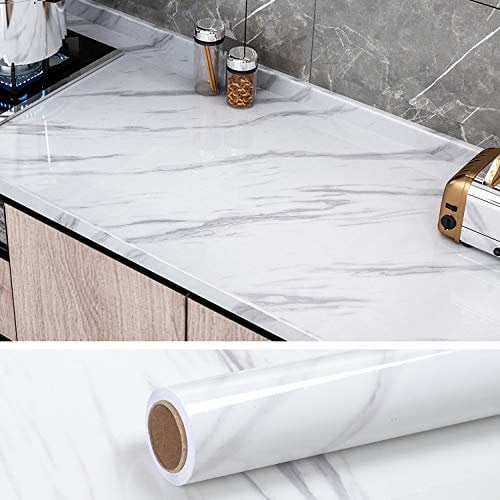 VEELIKE Papel Pintado Autoadhesivo Lavable 40cm x 300cm Vinilo Adhesivo para Encimera de Cocina Papel Adesivo Decorativos Muebles Adhesivo Mármol Blanco y Gris para Puertas de Armario