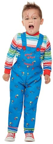Smiffys Chucky Costume in Blue for Kids, Dungarees and Top, Officially Licensed, Iconic Blue Dungarees and Striped Top, Ideal for Halloween and Matching Family Fancy Dress