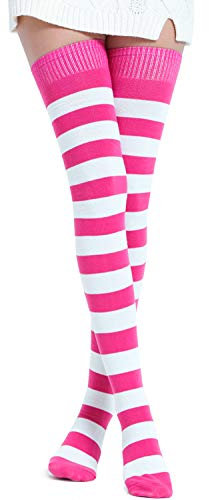 Kayhoma Calze alte sopra il ginocchio extra lunghe in cotone a righe, Fucsia/Bianco, Medium