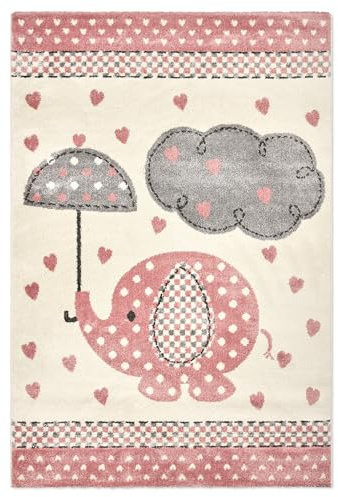 BRAVICH Kinderteppich, Spieldecke, Blau/Pink/Grau, Pastellfarben, superweich, dick, antiallergen, Kinderzimmerteppich, 100 % Polypropylen., Rosa Eli & Herzen, 160x230 cm (5ft3'' x 7ft7'')
