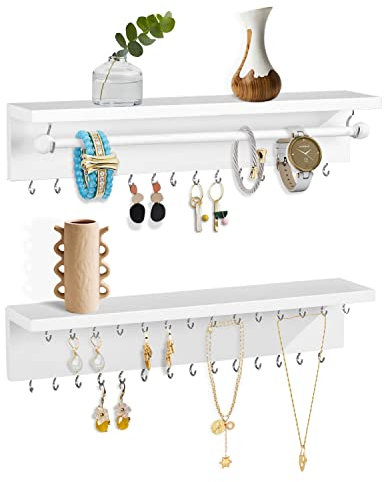 AHDECOR Wandregal aus Kiefernholz,Schmuck-Organizer, Schmuckaufbewahrung, Wandablage, Haken für Halsketten, Stange für Armbänder, Öffnungen für Ohrringe, Weiß, 2 Stück