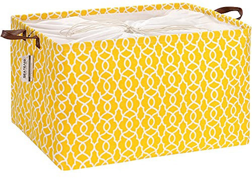 Sea Team Aufbewahrungskorb, marokkanisches Gittermuster, Leinenstoff, faltbar, geometrisches Design, Aufbewahrungskorb mit Kordelzug und Kunstledergriffen, 56 x 38 cm, wasserdichte Innenseite