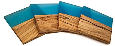 Eponox® Untersetzer quadratisch für Gläser 4er Set, Design Glasuntersetzer aus Olivenholz mit Epoxidharz für Getränke, Tassen, Glas, Bar - Tischuntersetzer Epoxy
