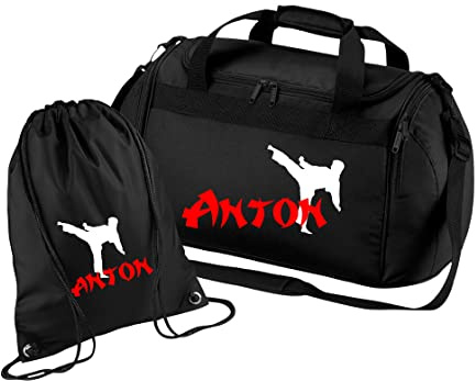Sporttasche Karate mit Namen für Jungen | Personalisierte Kinder-Reisetasche Kampfsport Judo | Groß für Sport-Verein (schwarz 2-TLG. mit Turnbeutel)