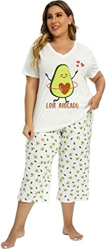 Vozanet Damen Pyjama Set Weiche V-Ausschnitt Nachtwäsche Top und Capri Pj Lounge Sets Cartoon Herzform Katze Nighty Plus Size, Avocado, L