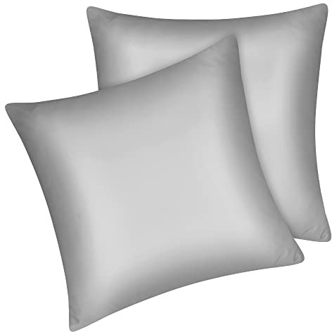 Fittia Lot de 2 taies d’Oreiller de 100% Satin de Polyester comme de la Soie en Taille 65 x 65 cm avec la Couleur Grise Claire