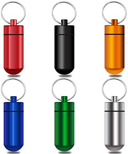 BLMHTWO 6 Pack Keychain Pill Holder Small Pill Box Keychain Portable Waterproof Metal Pill Container Case Holder Organizer Medicine Bottle for Outdoor Camping Travel Pill Keychain