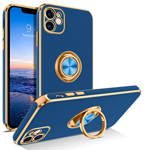 GUAGUA for iPhone 11 Case, iPhone 11 Phone Case with 360° Ring Holder Slim Shockproof Support Magnetic Car Mount Kickstand Women Men Non-Slip Phone Cover, Navy Blue/Gold