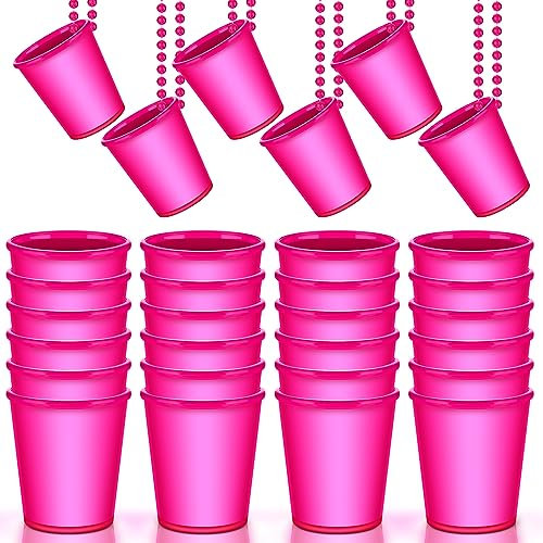 Sieral 24 Pcs Hot Pink Shot Glass Necklace Glow in the Dark Necklace Light up Party Glass Necklaces for Birthday Wedding Bachelorette Neon Glowing Party Favors Festival Cups, Plastic