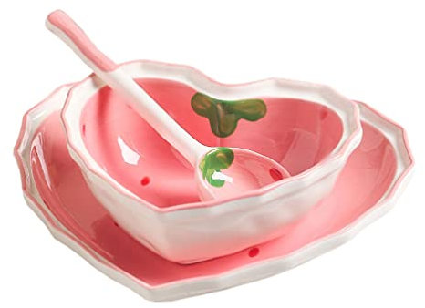 BESTonZON Dessertschalen aus Keramik Teller: Süße Herzform Salatschüssel Erdbeer Porzellanteller mit Löffel Müslischalen Vorspeise Beilage für Suppe Snacks EIS Rosa