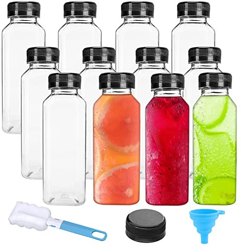 LOVLLE 16 Oz Plastic Juice Bottles with Caps 12Pcs Clear Reusable Juice Containers with Black Lid Plastic Smoothie Bottles Ideal for Juicing Milk Homemade Beverages