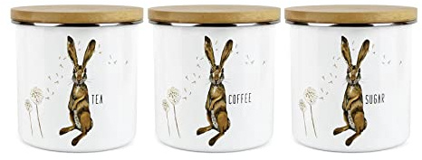 Purely Home Hares and Dandelions Tea Coffee Sugar Set Of 3 Canisters by Rhiannon Chauncey - White Metal Enamel Kitchen Food Storage Container