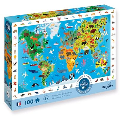 Calypto 3907501 Tierweltkarte, 100 Teile XL-Puzzle mit Soft-Touch, Kinderpuzzle mit samtiger Oberfläche inkl. Suchspiel und Puzzleposter, für Kinder ab 6 Jahren, Wimmelbild, Weltkarte, Länder, Tiere