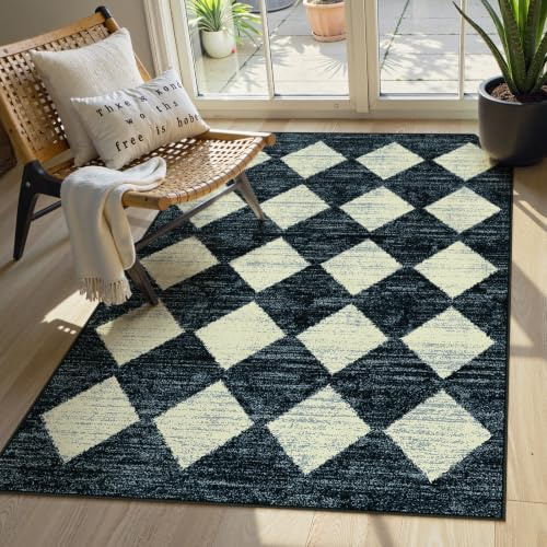 Lahome Machine Washable Area Rugs for Bedroom Aesthetic, 4x6 Soft Living Room Area Rug Non Slip Entryway Rugs, Moroccan Trellis Printed Black and White Indoor Kitchen Carpet for Bedside Office