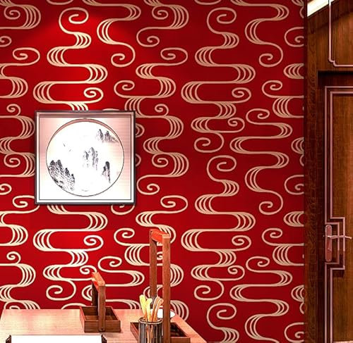 BaierSai 9.5X0.53M Traditional Chinese Red Yellow Abstract Matt Waterproof Textured PVC Wallpaper Roll for Bedroom Livingroom 1.73' W x 31.2' L=5.035㎡ (54sq.ft)