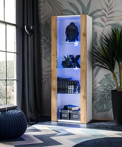Komodee Vitrine Schrank Tivoli, Wotan/Weiß, Breite 55cm x Höhe 159cm x Tiefe 35cm, LED Blau, 3 Regalböden, für Wohnzimmer, Schlafzimmer, Eingang