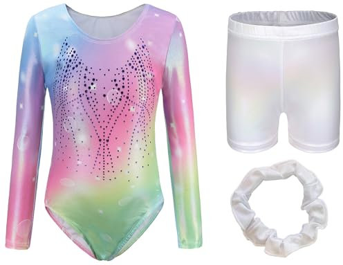 Adigau Mädchen Turnanzug Turnshorts Haarband Set Langarm Ballettbody mit Sport Shorts Ballettanzug Turnbody Sport Trikotanzug Gymnastik Trikot Leotards B2 9-10 Jahre