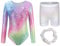 Adigau Mädchen Turnanzug Turnshorts Haarband Set Langarm Ballettbody mit Sport Shorts Ballettanzug Turnbody Sport Trikotanzug Gymnastik Trikot Leotards B2 9-10 Jahre