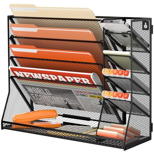 SUPEASY Wandordner-Organizer, 5-stöckiger Schreibtisch-Organizer mit 4 Stifthaltern, Wand-Organizer für Büro mit R-förmiger Bodenablage, Schreibtisch-Organizer und Zubehör für Bürobedarf, Schwarz