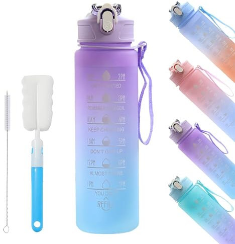 Trinkflasche mit Strohhalm, Wasserflasche kohlensäure geeignet, 750ml, BPA-freie Tritan Trinkflasche mit Deckel und Auslaufsicher, Water Bottle für Outdoor, Sport, Gym (Farbverlauf Lila, 750ml)