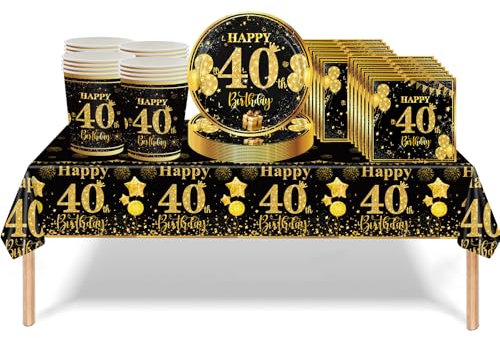 53Pcs Black Gold 40th Birthday Party Tableware Decorations, Table Cloth Plates Napkins Cups Sets for Women Him Men Birthday Table Decor Gifts Dinnerware