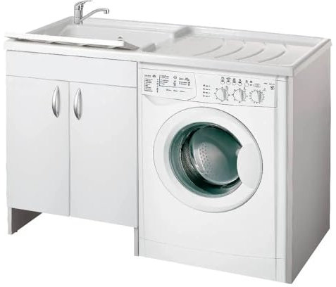 Liberoshopping Lavatoio coprilavatrice a 2 ante in legno Bianco 124x60 e vasca in plastica (Vasca a Sinistra)