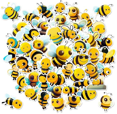 JCUGSBS Pegatinas,50 unidades,Bonitos paquetes de calcomanías de dibujos animados para botella de agua, calcomanías divertidas Abeja linda, vinilo estético calcomanías impermeables