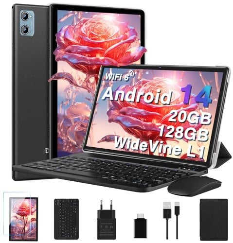 DEERTiME 2025 Neueste Android 14 Tablet 10 Zoll, 20GB RAM+128GB ROM/TF 2TB, WLAN 6, 5G+2.4G WLAN,8-Core,WideVine L1,1280 * 800 FHD IPS,6000mAh,8MP+5MP,BT5.0,GMS Tablet Mit Tastatur und Maus - Schwarz