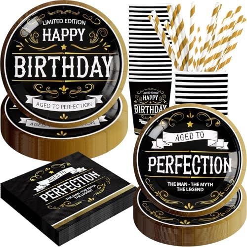 Aged to Perfection Lot de 120 décorations d'anniversaire jetables pour homme avec assiettes en carton, serviettes, tasses et pailles | Pour 24 personnes